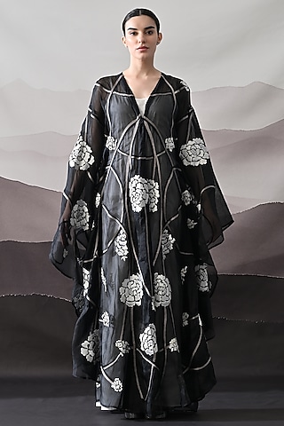 Black Organza Thread Embroidered Kaftan Jacket Dress by Samant Chauhan