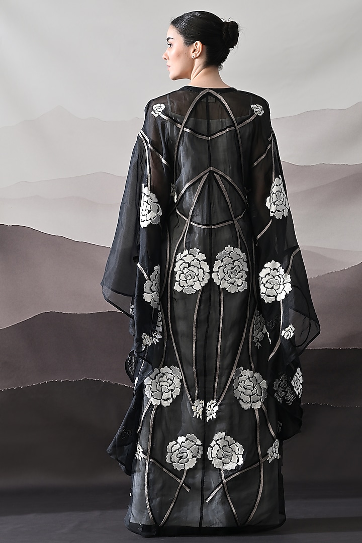 Black Organza Thread Embroidered Kaftan Jacket Party Wear Dress by Samant Chauhan at Pernia's Pop Up Shop
