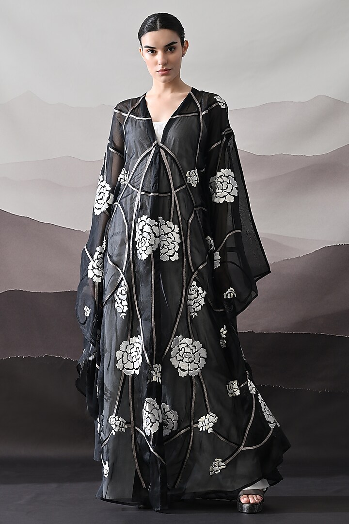 Black Organza Thread Embroidered Kaftan Jacket Party Wear Dress by Samant Chauhan at Pernia's Pop Up Shop