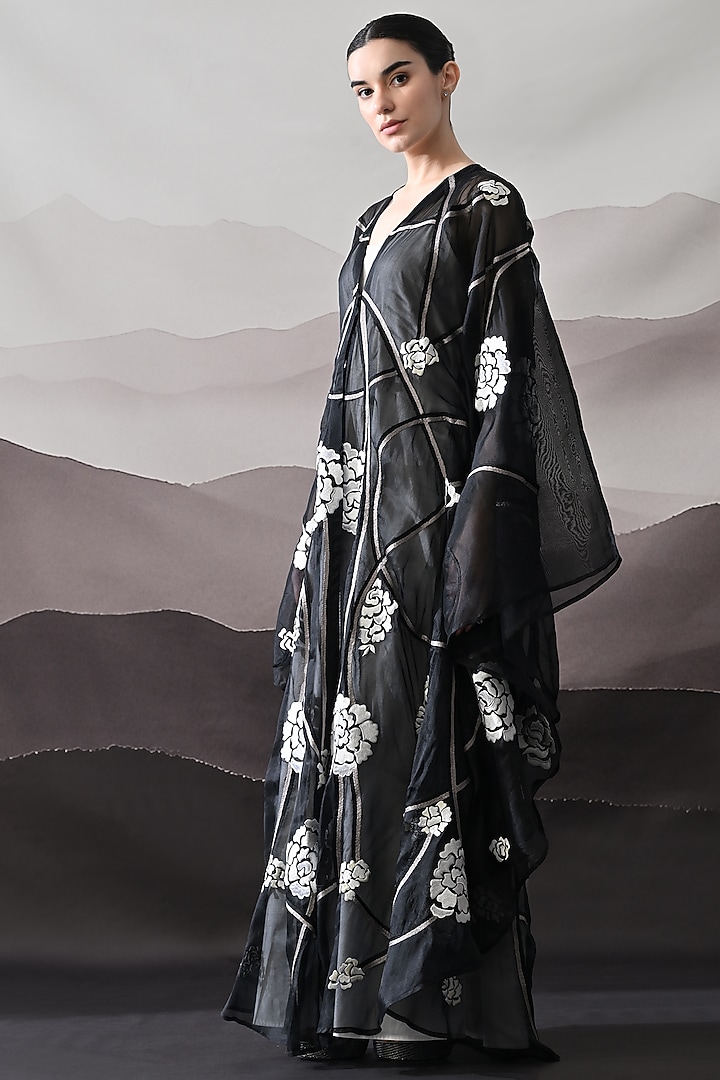 Black Organza Thread Embroidered Kaftan Jacket Party Wear Dress by Samant Chauhan at Pernia's Pop Up Shop