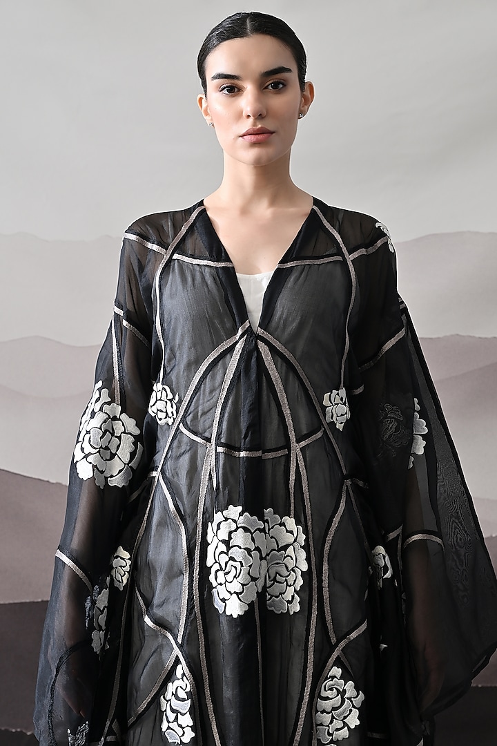 Black Organza Thread Embroidered Kaftan Jacket Party Wear Dress by Samant Chauhan at Pernia's Pop Up Shop