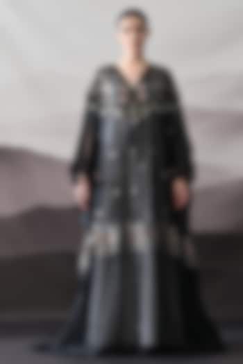 Black Organza Thread Embroidered Kaftan Jacket Party Wear Dress by Samant Chauhan at Pernia's Pop Up Shop