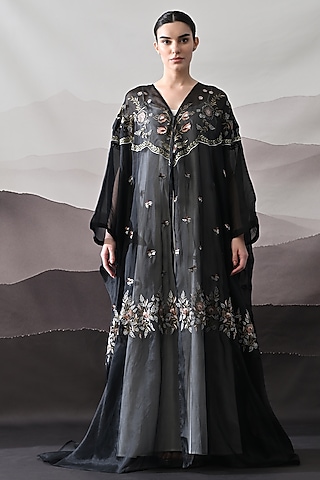 Black Organza Thread Embroidered Kaftan Jacket Dress by Samant Chauhan