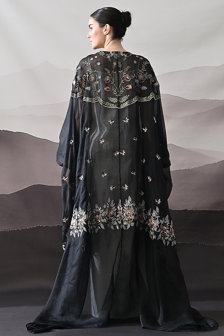Black Organza Thread Embroidered Kaftan Jacket Party Wear Dress by Samant Chauhan at Pernia's Pop Up Shop