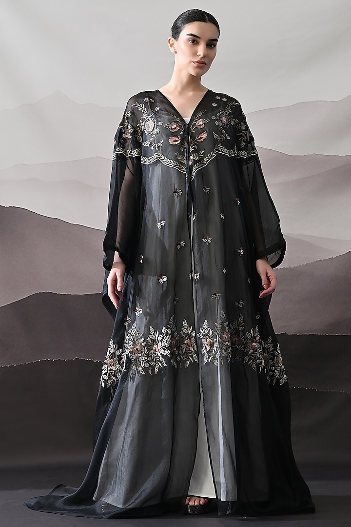 Black Organza Thread Embroidered Kaftan Jacket Party Wear Dress by Samant Chauhan at Pernia's Pop Up Shop