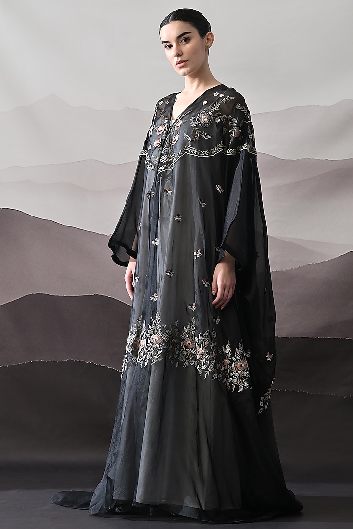 Black Organza Thread Embroidered Kaftan Jacket Party Wear Dress by Samant Chauhan at Pernia's Pop Up Shop