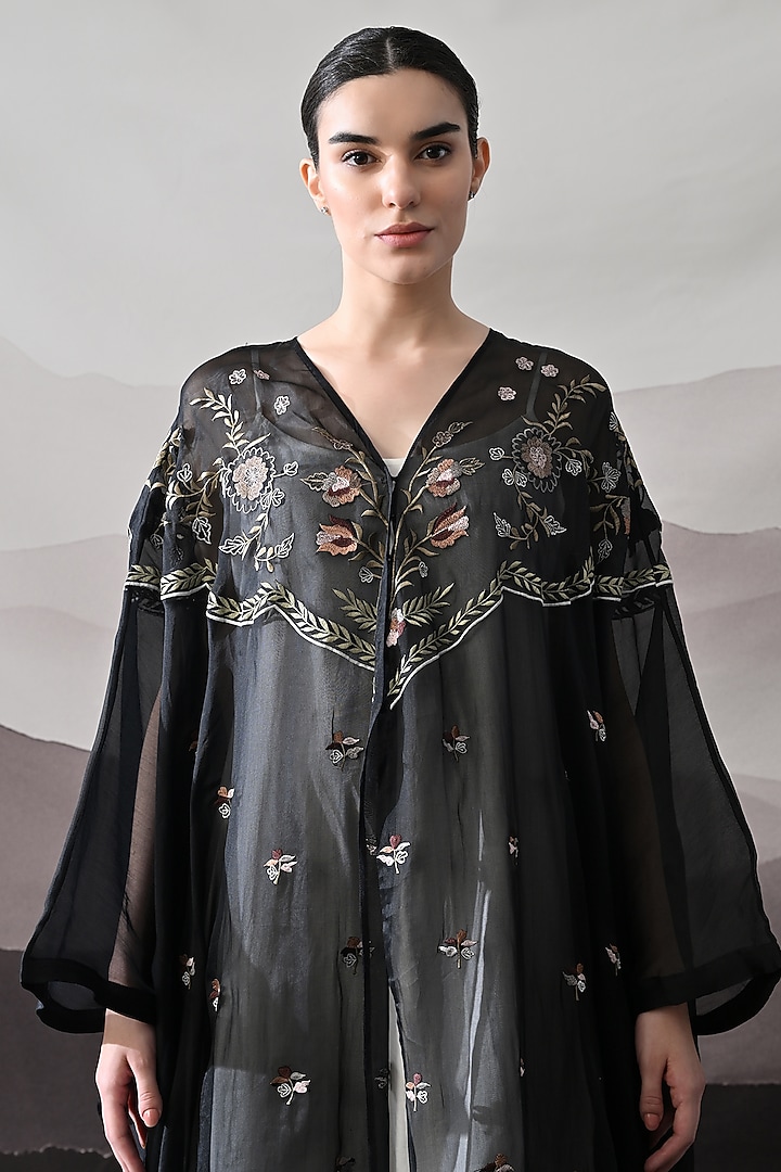 Black Organza Thread Embroidered Kaftan Jacket Party Wear Dress by Samant Chauhan at Pernia's Pop Up Shop