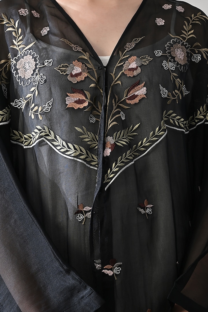 Black Organza Thread Embroidered Kaftan Jacket Party Wear Dress by Samant Chauhan at Pernia's Pop Up Shop