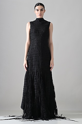 Black Cotton Silk Gown by Samant Chauhan