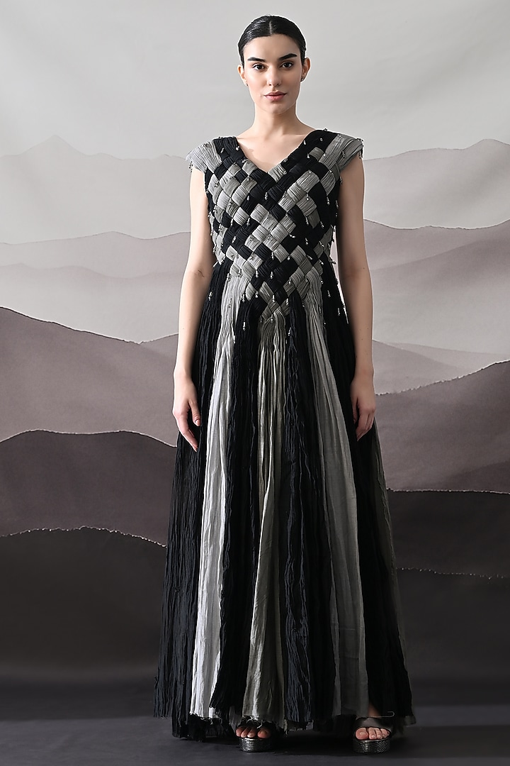 Black & Grey Cotton Silk Paneled Wedding Gown by Samant Chauhan at Pernia's Pop Up Shop