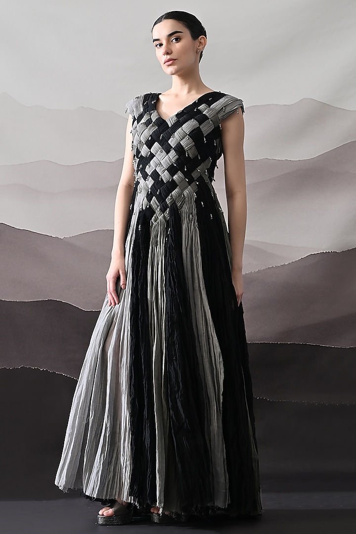 Black & Grey Cotton Silk Paneled Wedding Gown by Samant Chauhan at Pernia's Pop Up Shop
