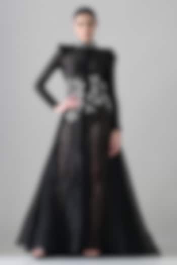 Black Linen Floral Hand Embellished Overlay Engagement Gown by Samant Chauhan at Pernia's Pop Up Shop