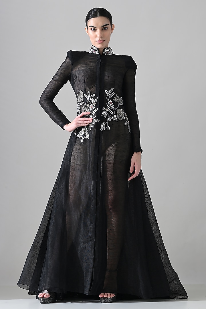 Black Linen Floral Hand Embellished Overlay Engagement Gown by Samant Chauhan at Pernia's Pop Up Shop