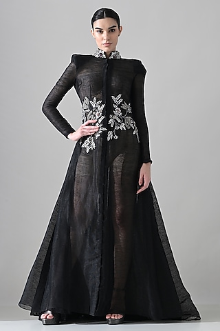 Black Linen Floral Hand Embellished Overlay Gown by Samant Chauhan