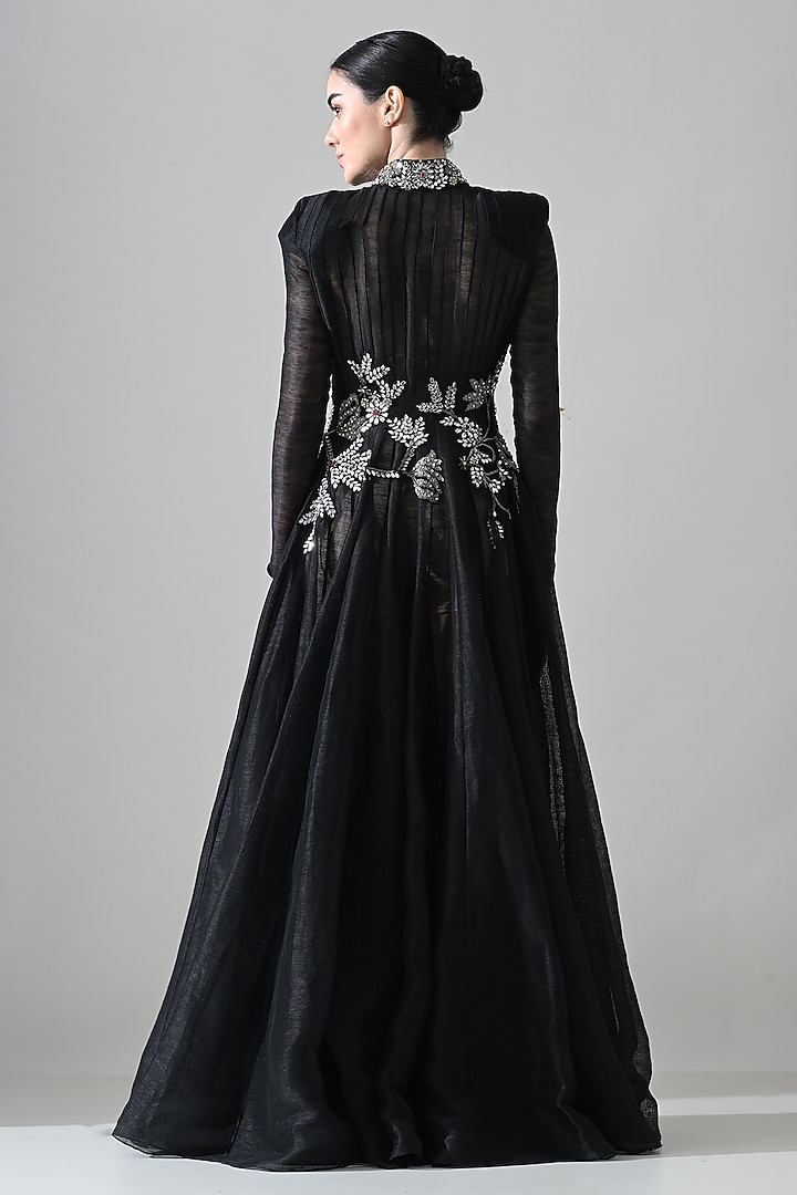 Black Linen Floral Hand Embellished Overlay Engagement Gown by Samant Chauhan at Pernia's Pop Up Shop
