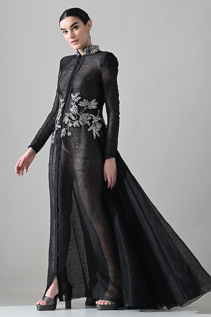 Black Linen Floral Hand Embellished Overlay Engagement Gown by Samant Chauhan at Pernia's Pop Up Shop