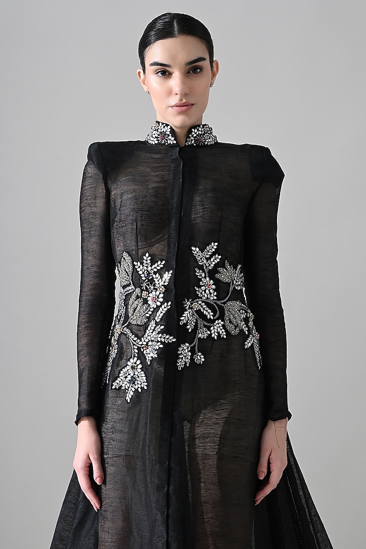 Black Linen Floral Hand Embellished Overlay Engagement Gown by Samant Chauhan at Pernia's Pop Up Shop