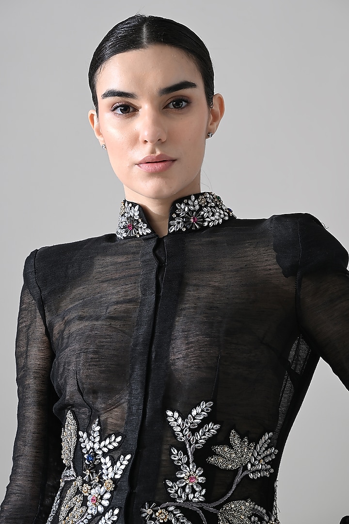 Black Linen Floral Hand Embellished Overlay Engagement Gown by Samant Chauhan at Pernia's Pop Up Shop