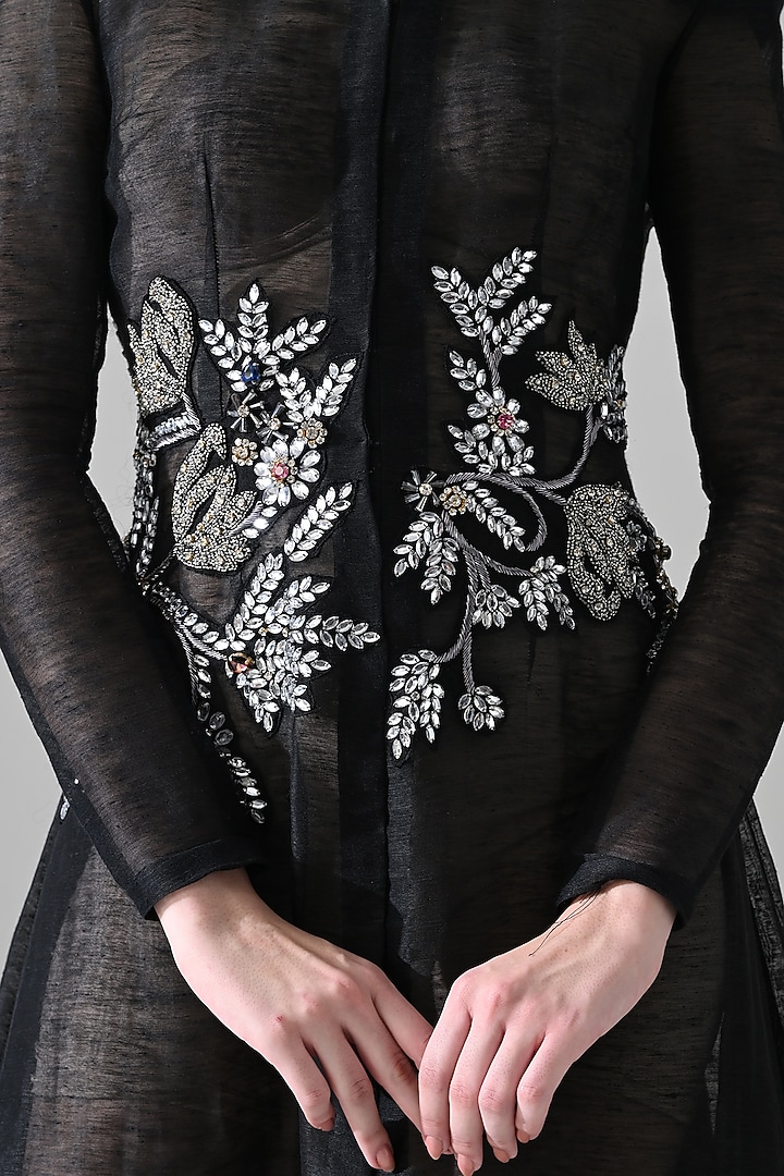 Black Linen Floral Hand Embellished Overlay Engagement Gown by Samant Chauhan at Pernia's Pop Up Shop