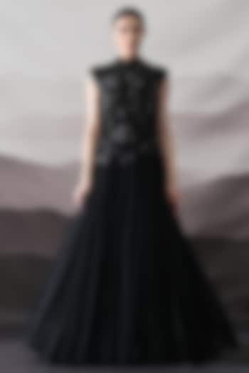 Black Net Floral Hand Embellished Wedding Gown by Samant Chauhan at Pernia's Pop Up Shop