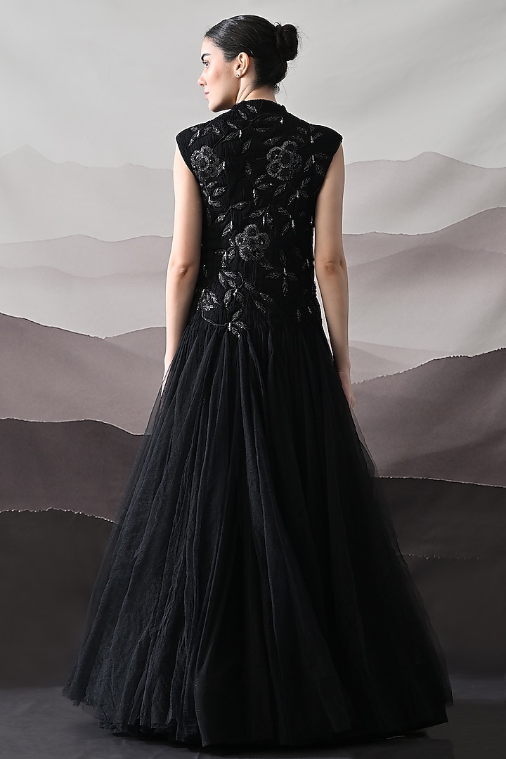 Black Net Floral Hand Embellished Wedding Gown by Samant Chauhan at Pernia's Pop Up Shop