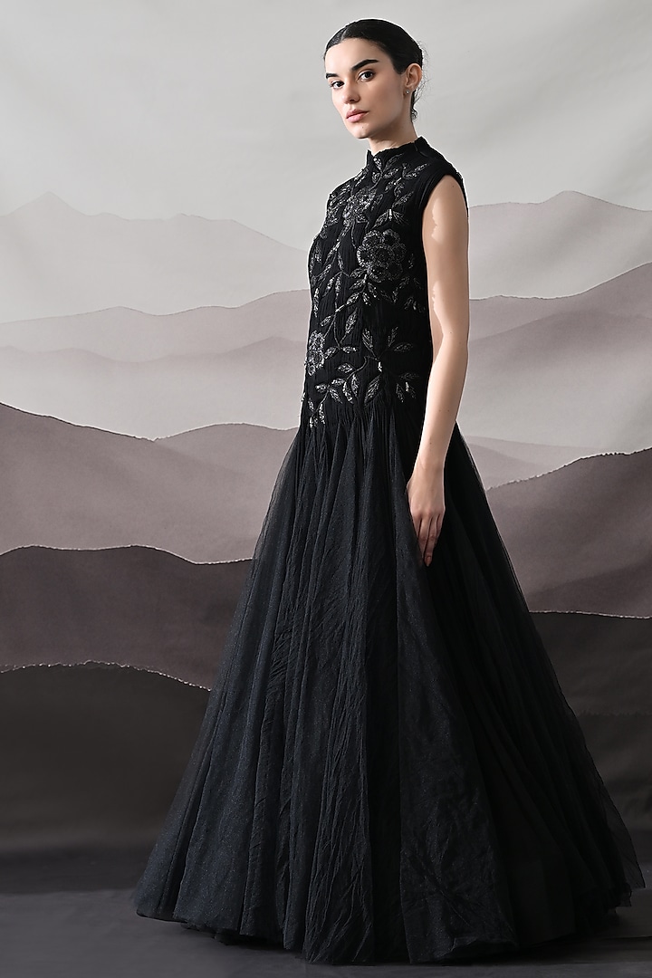 Black Net Floral Hand Embellished Wedding Gown by Samant Chauhan at Pernia's Pop Up Shop