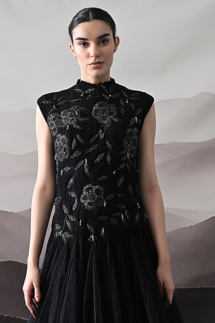 Black Net Floral Hand Embellished Wedding Gown by Samant Chauhan at Pernia's Pop Up Shop