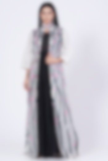 Black Embroidered Jacket With Dress by Samant Chauhan