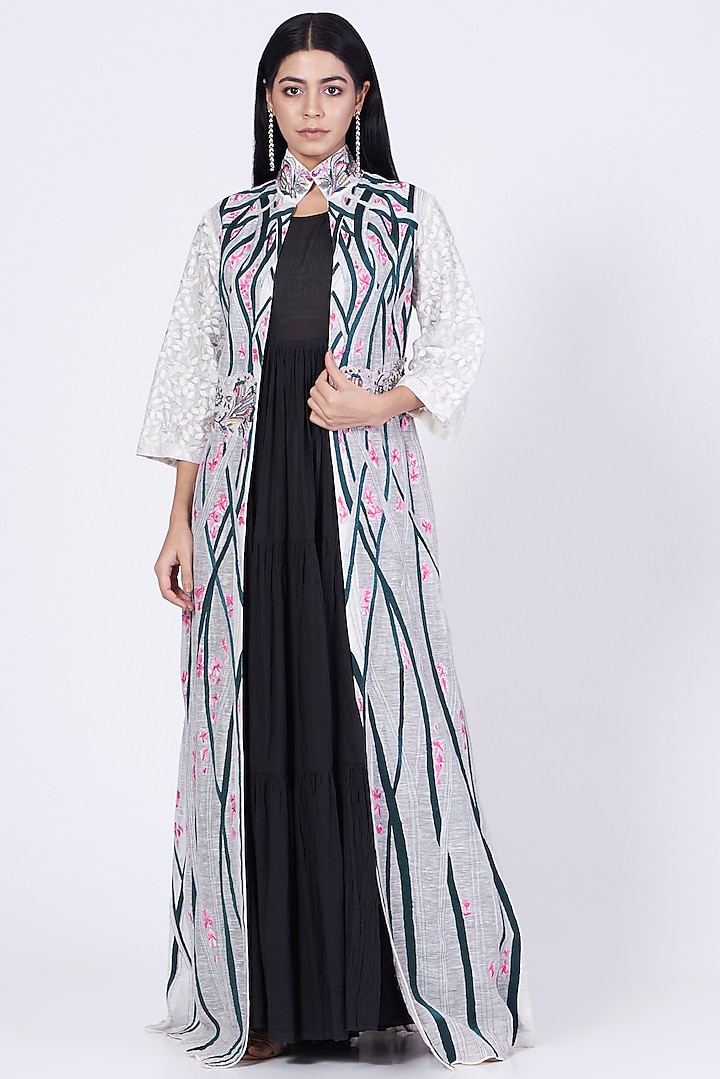 Black Embroidered Jacket With Dress by Samant Chauhan