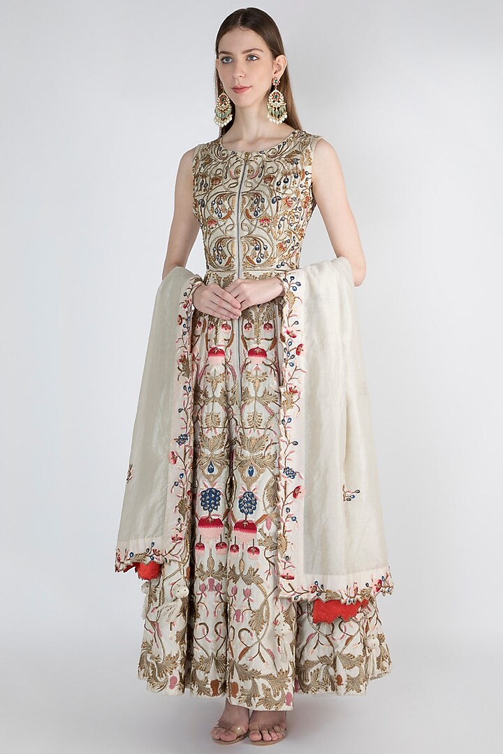 Jahanana Off White Embroidered Short Anarkali With Sharara And Dupatta