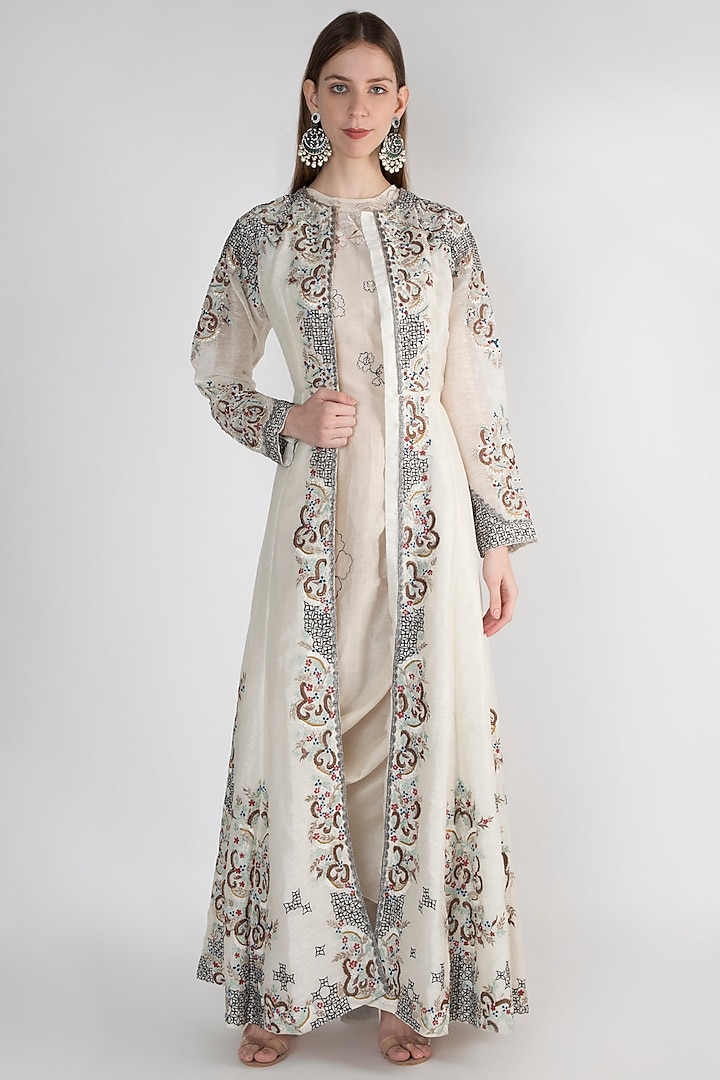 Off White Floral Printed Jacket by Samant Chauhan