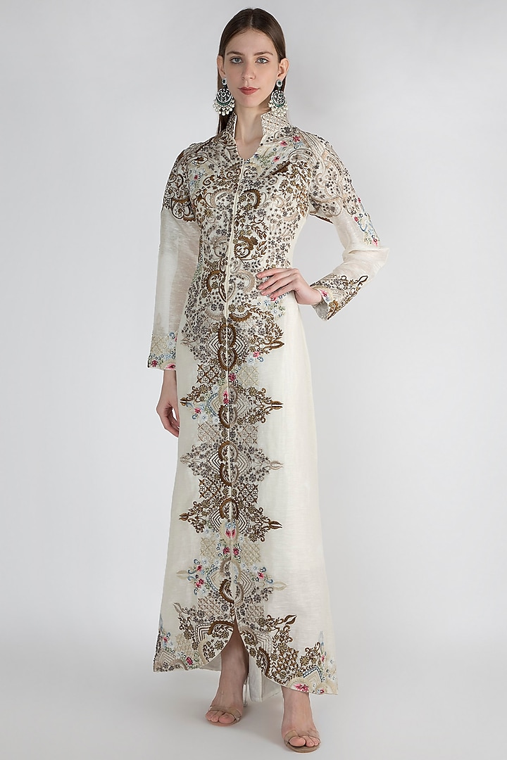 Off White Embroidered Printed Jacket by Samant Chauhan