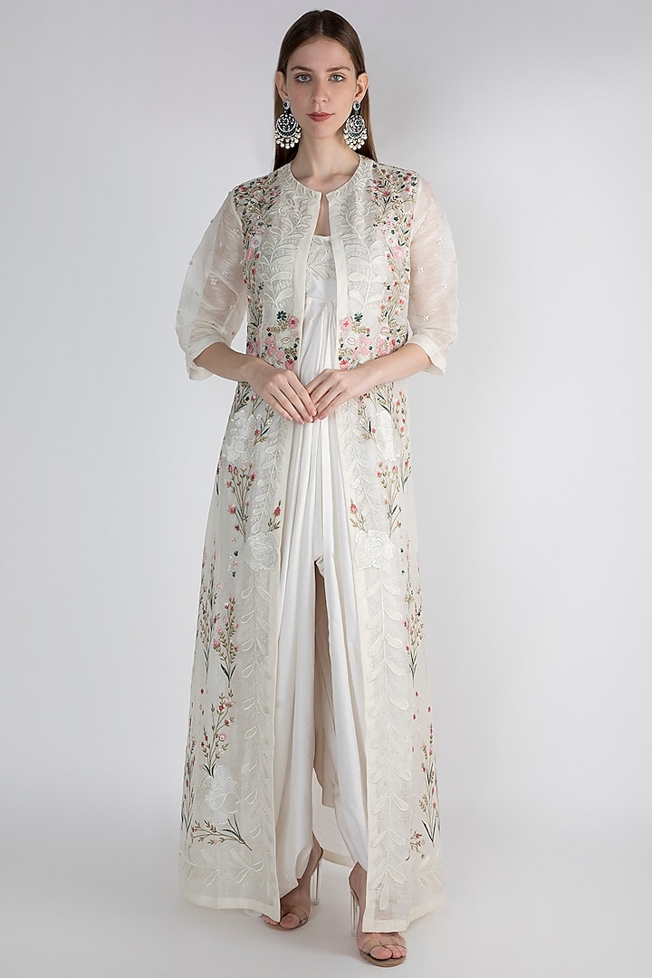 Off White Printed Embroidered Jacket With Inner by Samant Chauhan