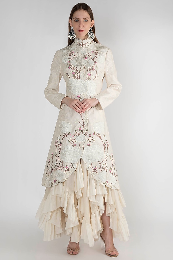 Off White Printed Embroidered Jacket Dress by Samant Chauhan