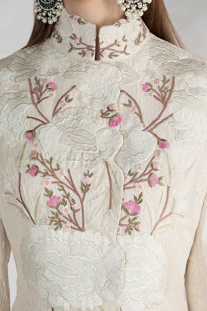 Off White Printed Embroidered Jacket Dress by Samant Chauhan at Pernia's Pop Up Shop