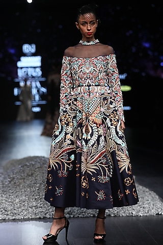 Navy Blue Embroidered Gown by Samant Chauhan