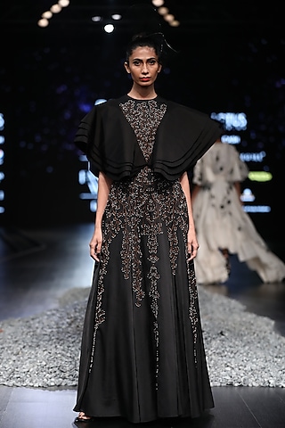Black Thread Embroidered Gown by Samant Chauhan