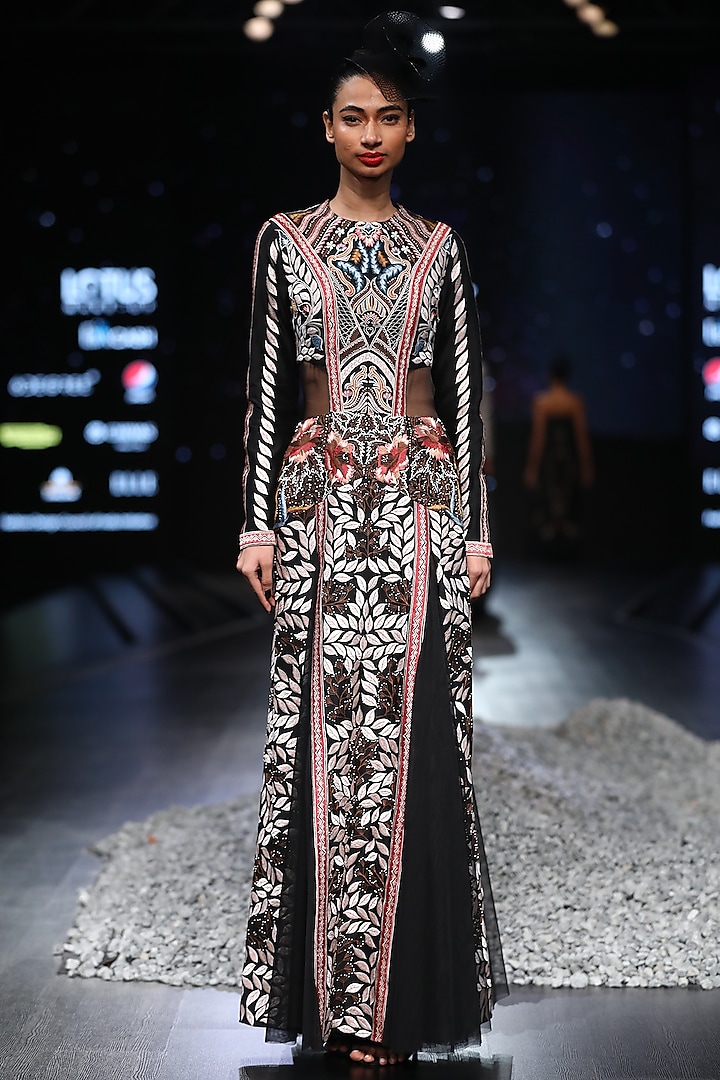 Black Thread Embroidered Cotton Silk Gown by Samant Chauhan
