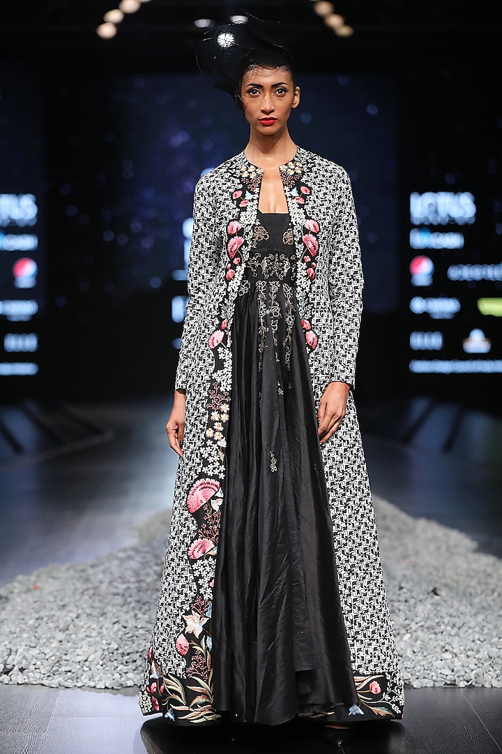 Black Printed & Embroidered Jacket Set by Samant Chauhan