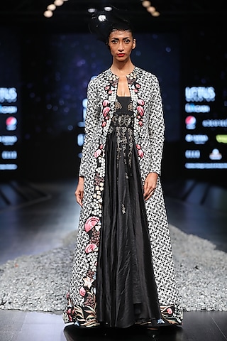 Black Printed & Embroidered Jacket Set by Samant Chauhan
