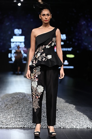 Black Pleated Corset With Embroidered Pants by Samant Chauhan