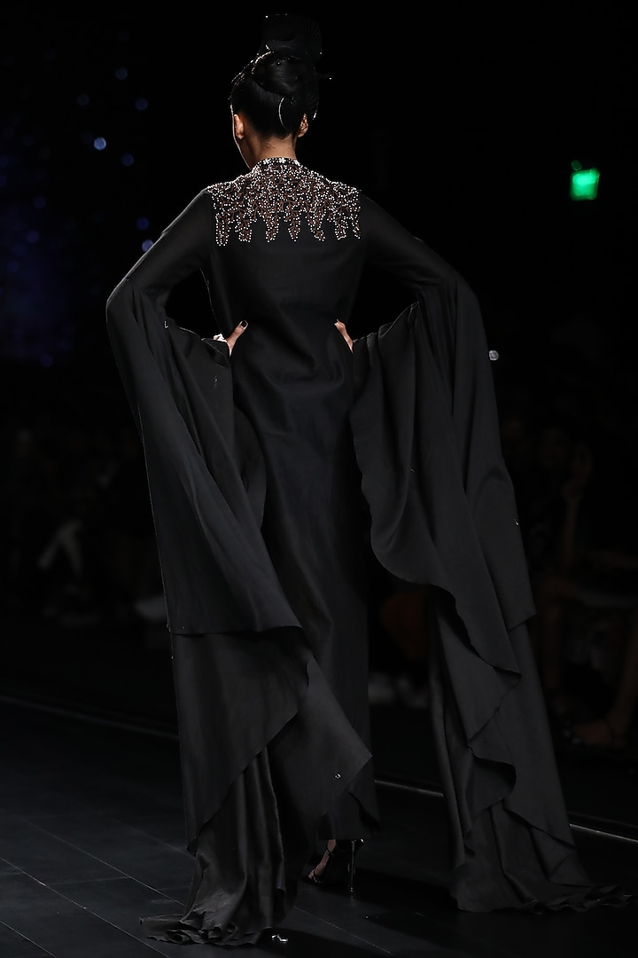 Black Embroidered Engagement Gown With Bell Sleeves by Samant Chauhan at Pernia's Pop Up Shop