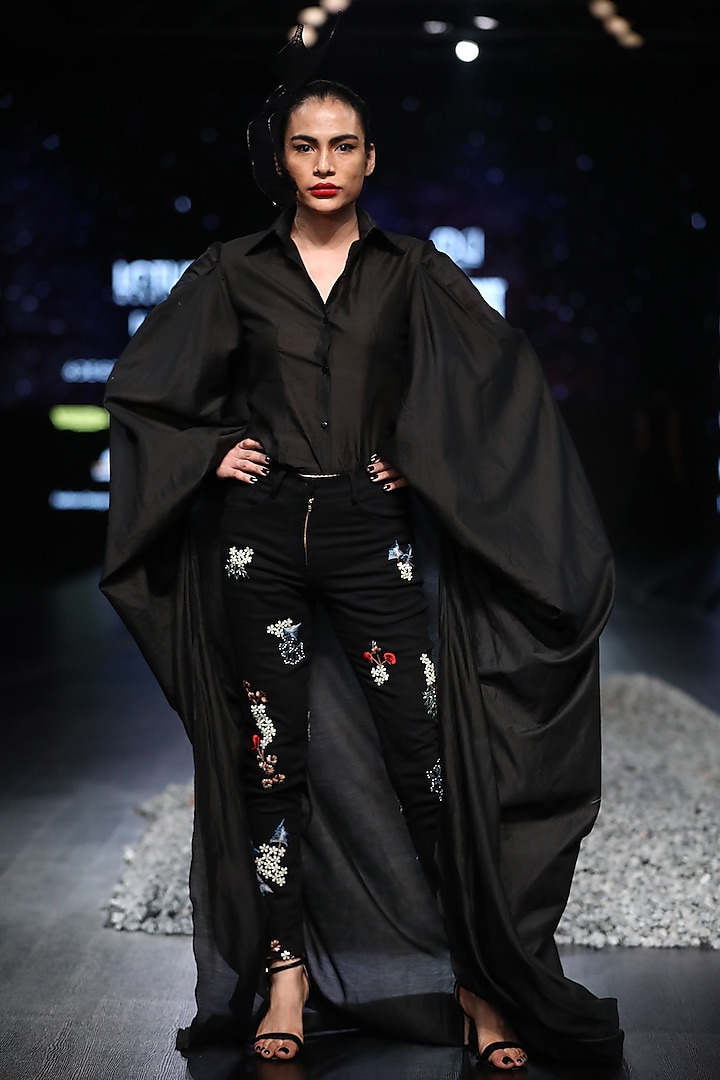 Black Embroidered Jumpsuit With Long Sleeves by Samant Chauhan