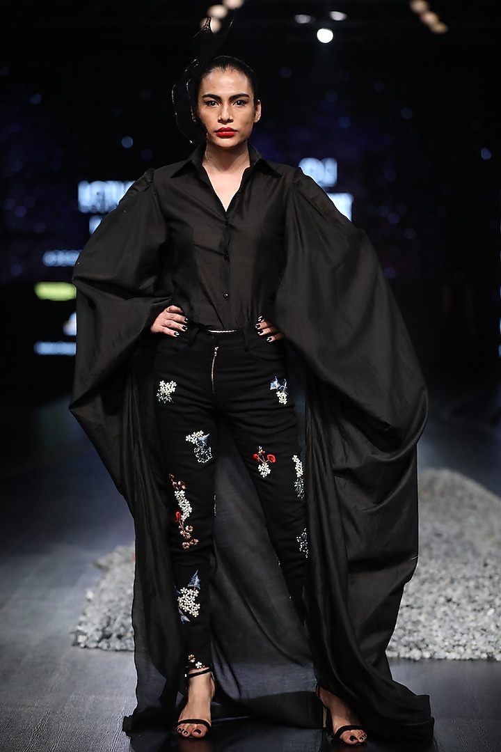 Black Embroidered Jumpsuit With Long Sleeves by Samant Chauhan at Pernia's Pop Up Shop