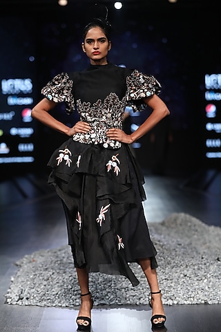 Black Cotton Silk Thread Embroidered Pleated Skirt Set by Samant Chauhan