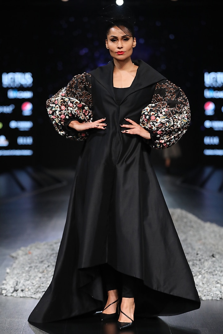 Black Embroidered Gown With Balloon Sleeves by Samant Chauhan