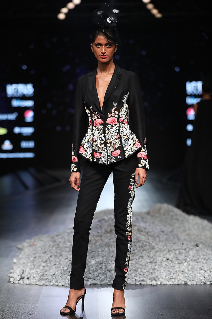 Black Embroidered Cotton Silk Jacket Set by Samant Chauhan
