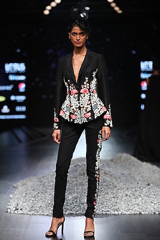 Black Embroidered Cotton Silk Jacket Set by Samant Chauhan