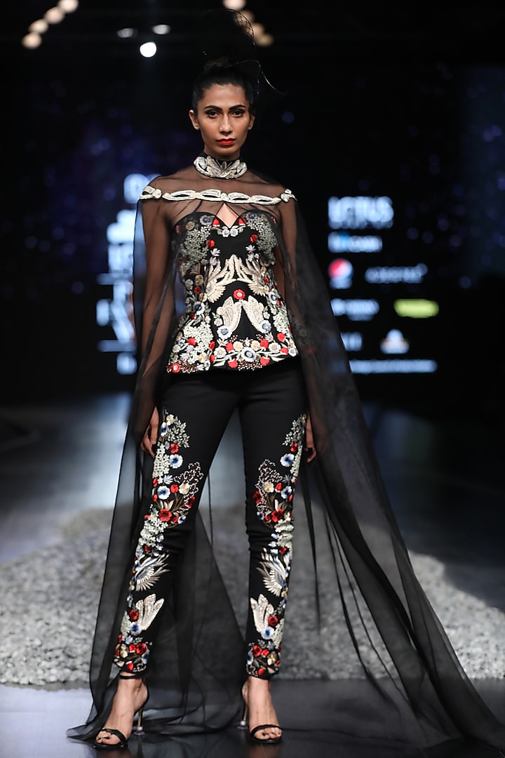 Black Corset With Pants & Embroidered Cape by Samant Chauhan