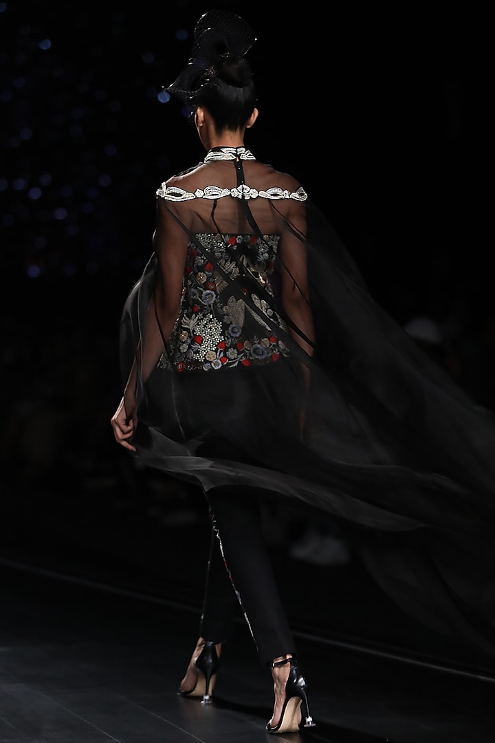 Black Corset With Pants & Embroidered Cape by Samant Chauhan at Pernia's Pop Up Shop